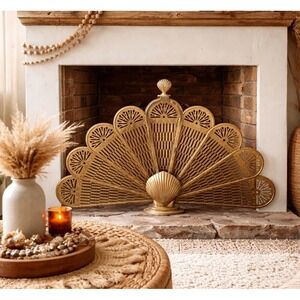 Vintage Brass Peacock Fireplace Screen Clamshell Hollywood Regency Art Deco
